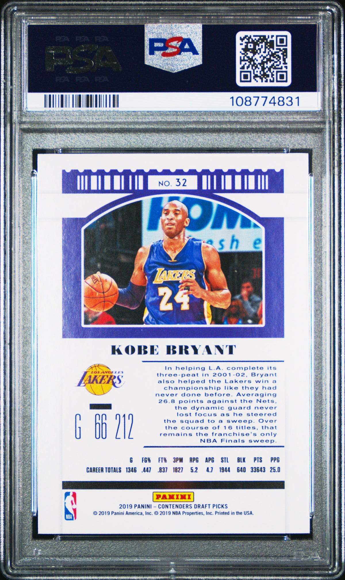 Kobe Bryant 2019 Panini Contenders Draft Picks Basketball Card #32 Graded PSA 10 Cert #108774831-Powers Sports Memorabilia
