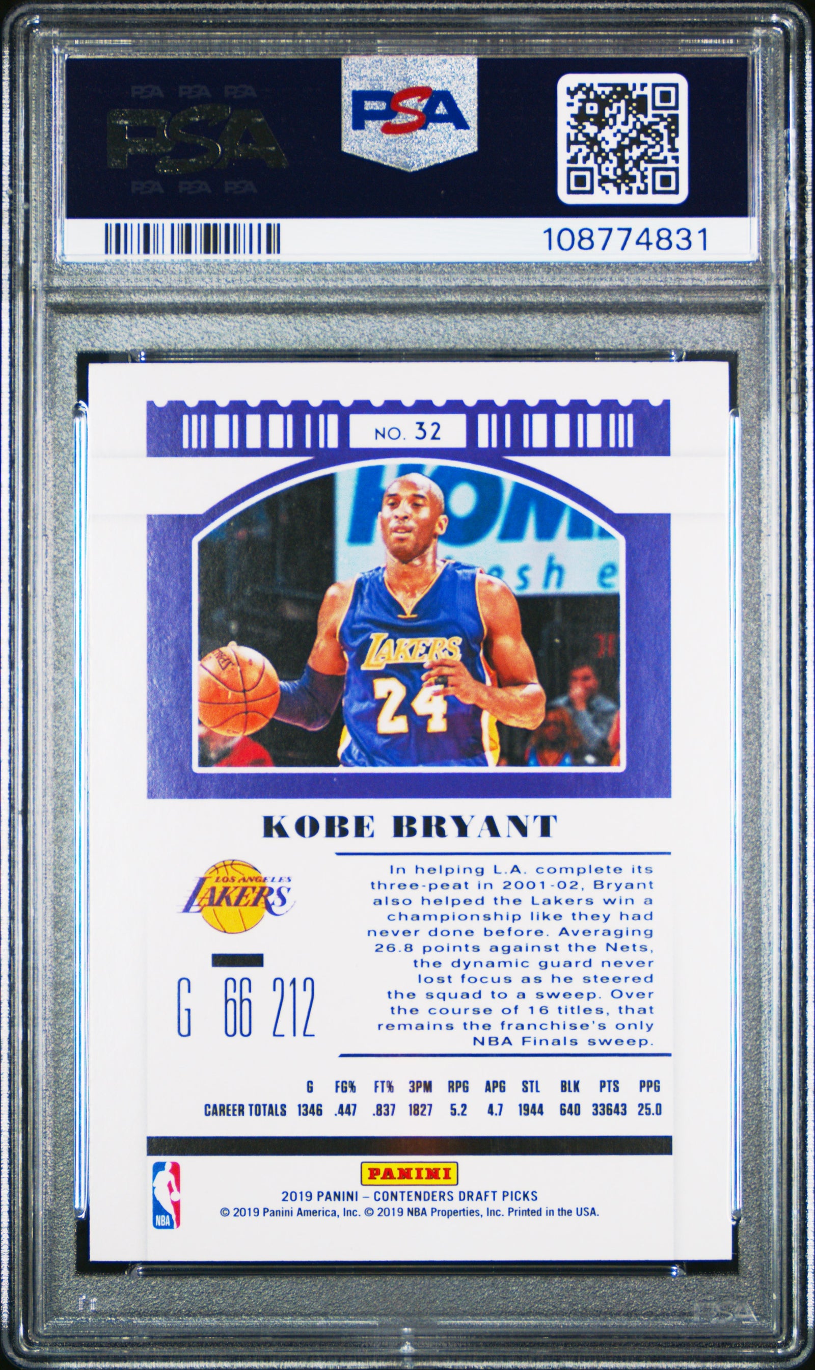 Kobe Bryant 2019 Panini Contenders Draft Picks Basketball Card #32 Graded PSA 10 Cert #108774831-Powers Sports Memorabilia