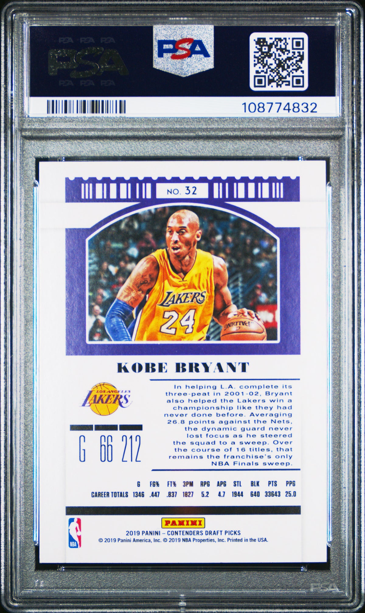 Kobe Bryant 2019 Panini Contenders Draft Picks Variation Los Angeles Lakers Basketball Card #32 Graded PSA 9 Cert #108774832