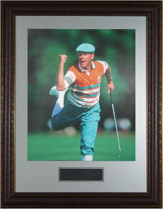 Payne Stewart PGA Golf 11 x 14 Photograph Fist Pump/Leg Kick - Custom Brown Leather Framing-Powers Sports Memorabilia