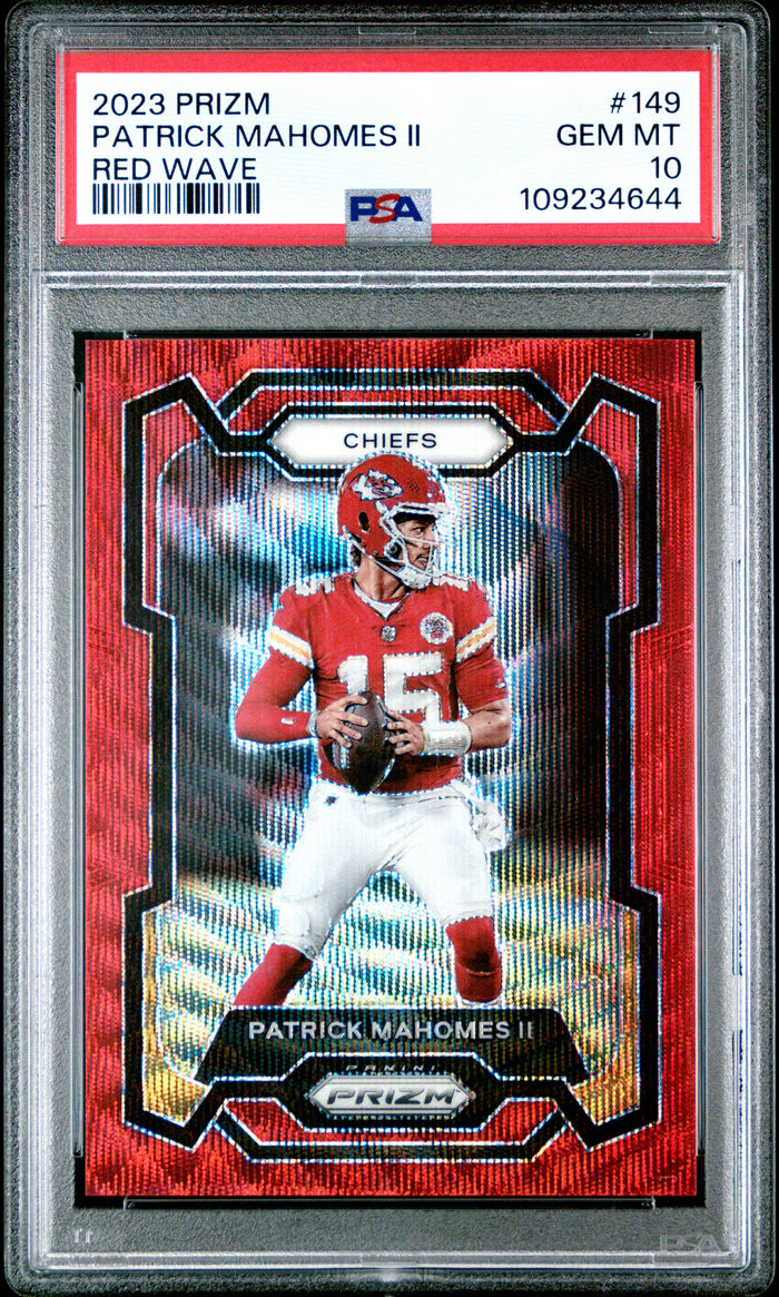 Patrick Mahomes II 2023 Prizm Red Wave Kansas City Chiefs Football Card #149 Graded PSA 10 Cert #109234644 43/149-Powers Sports Memorabilia