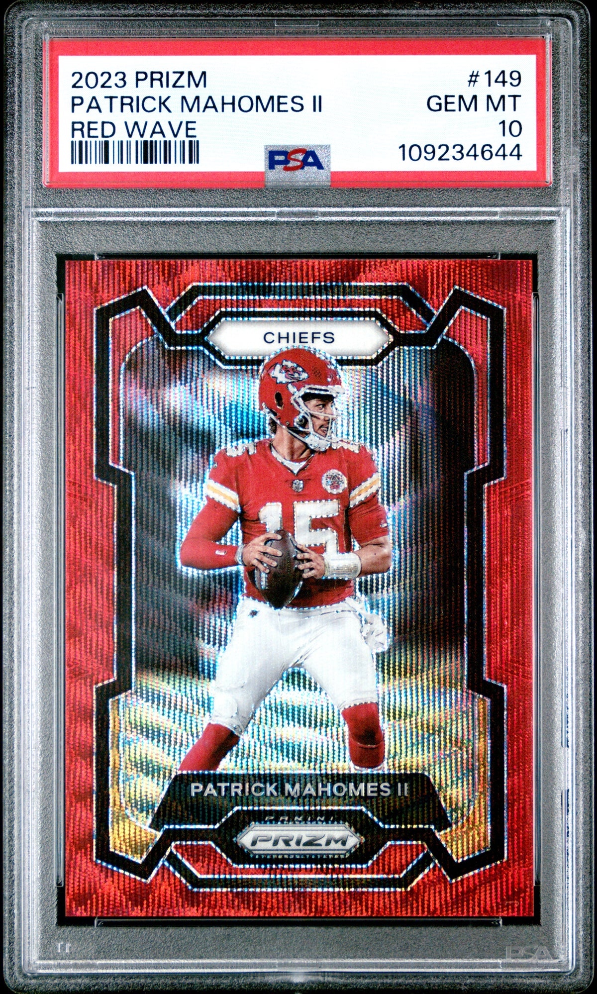 Patrick Mahomes II 2023 Prizm Red Wave Kansas City Chiefs Football Card #149 Graded PSA 10 Cert #109234644 43/149-Powers Sports Memorabilia