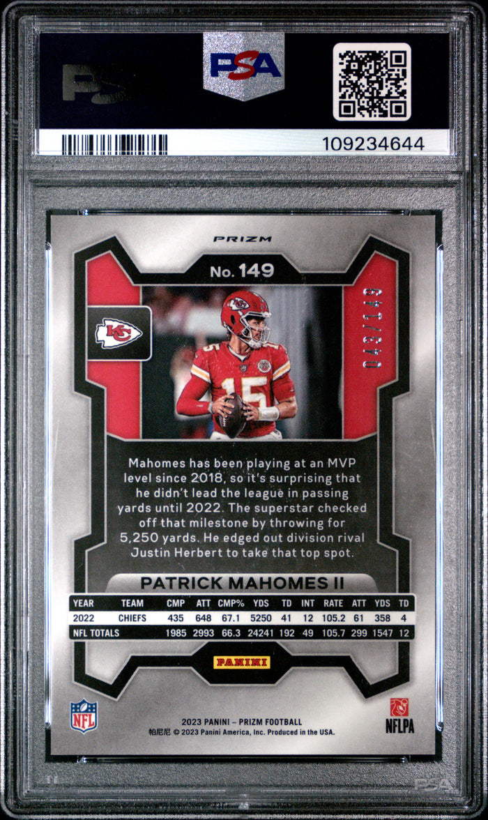 Patrick Mahomes II 2023 Prizm Red Wave Kansas City Chiefs Football Card #149 Graded PSA 10 Cert #109234644 43/149-Powers Sports Memorabilia