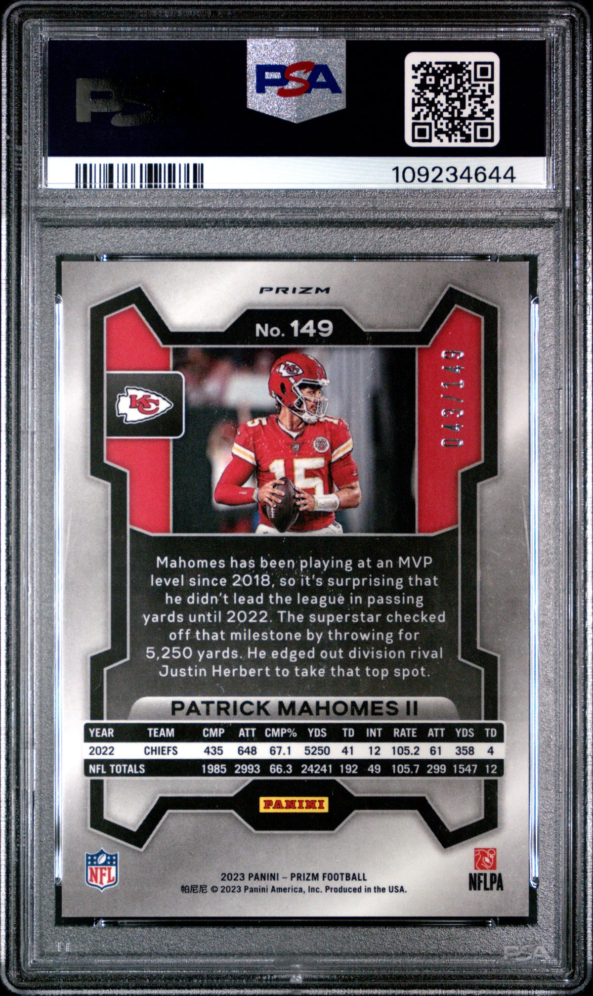 Patrick Mahomes II 2023 Prizm Red Wave Kansas City Chiefs Football Card #149 Graded PSA 10 Cert #109234644 43/149-Powers Sports Memorabilia