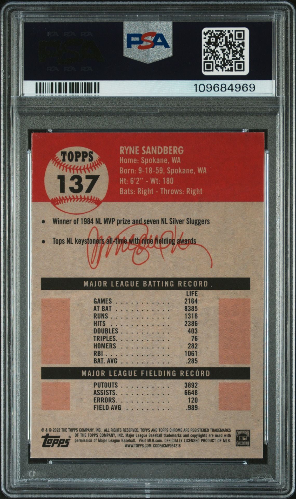 Ryne Sandberg 2022 Topps Chrome Blue Prism Refractor Signed Baseball Card #137 Auto PSA-Powers Sports Memorabilia