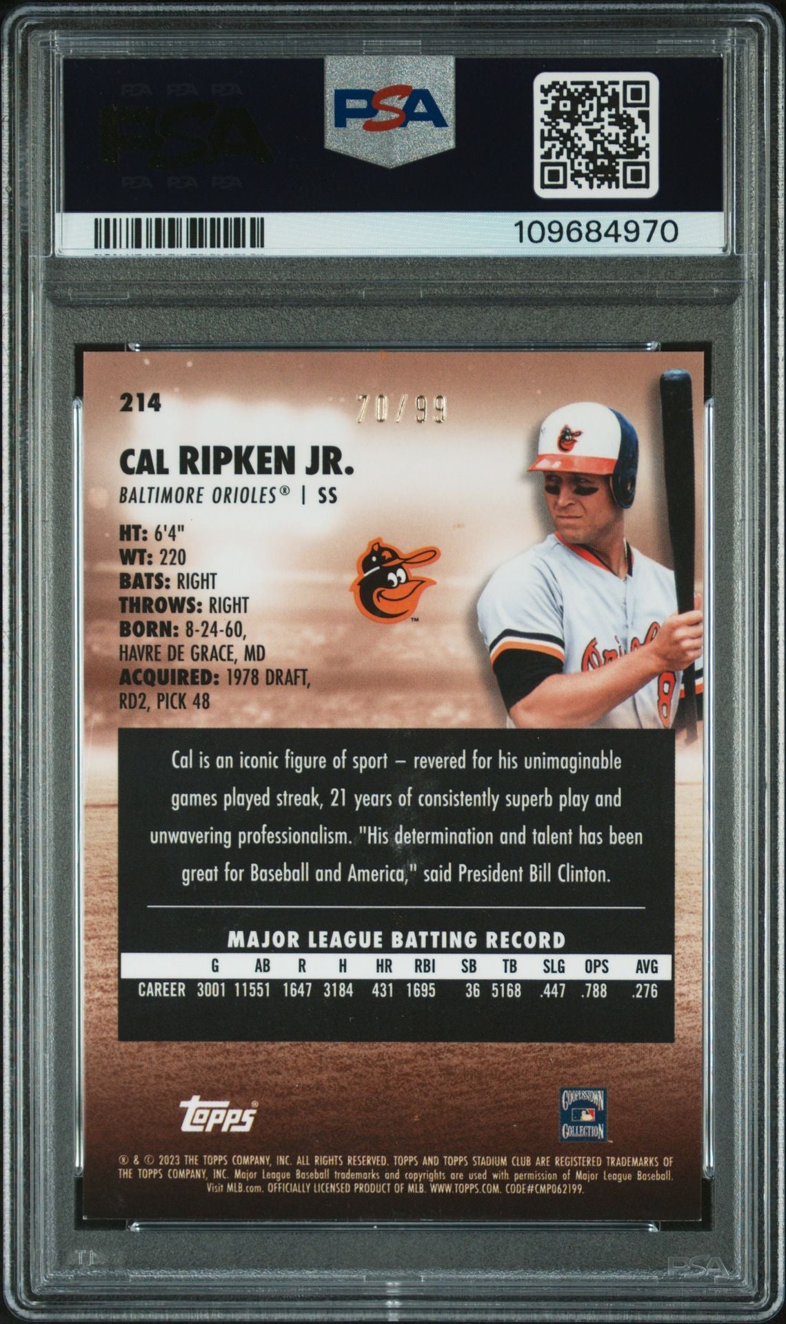 Cal Ripken Jr 2023 Topps Stadium Club Orange Refractor Signed Baseball Card #214 Auto PSA 70/99-Powers Sports Memorabilia