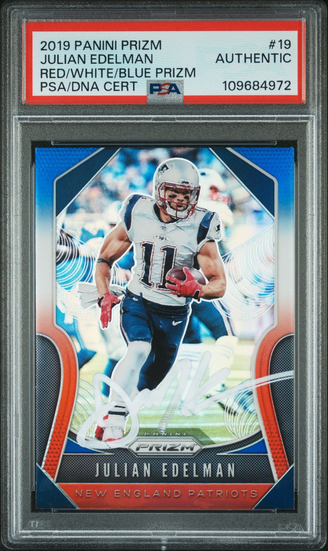 Julian Edelman 2019 Panini Prizm Red White Blue Signed Football Card #19 Auto PSA 109684972-Powers Sports Memorabilia