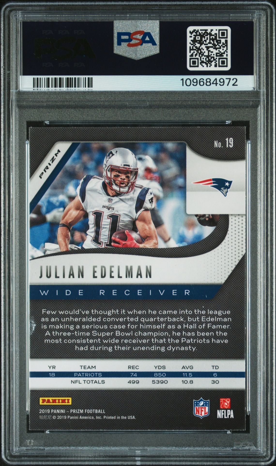 Julian Edelman 2019 Panini Prizm Red White Blue Signed Football Card #19 Auto PSA 109684972-Powers Sports Memorabilia