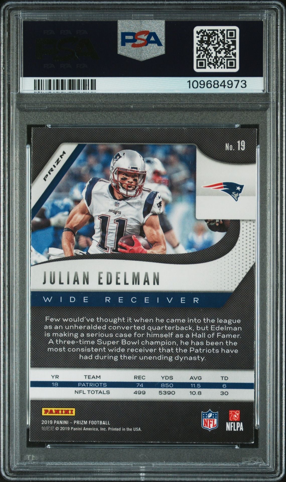 Julian Edelman 2019 Panini Prizm Red White Blue Signed Football Card #19 Auto PSA 109684973-Powers Sports Memorabilia