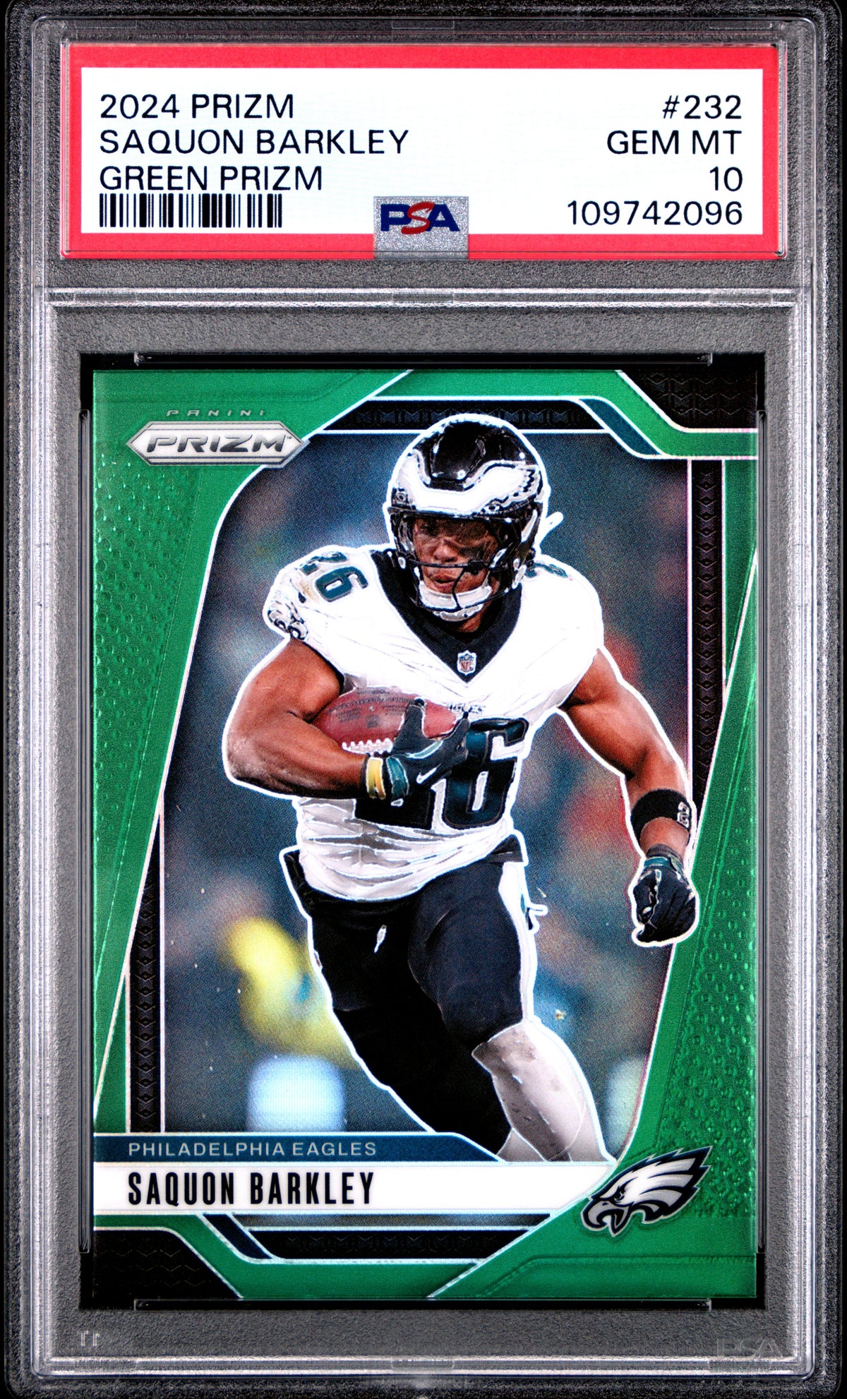 Saquon Barkley 2024 Panini Prizm Green Football Card #232 Graded PSA 10 Cert # 109742096-Powers Sports Memorabilia