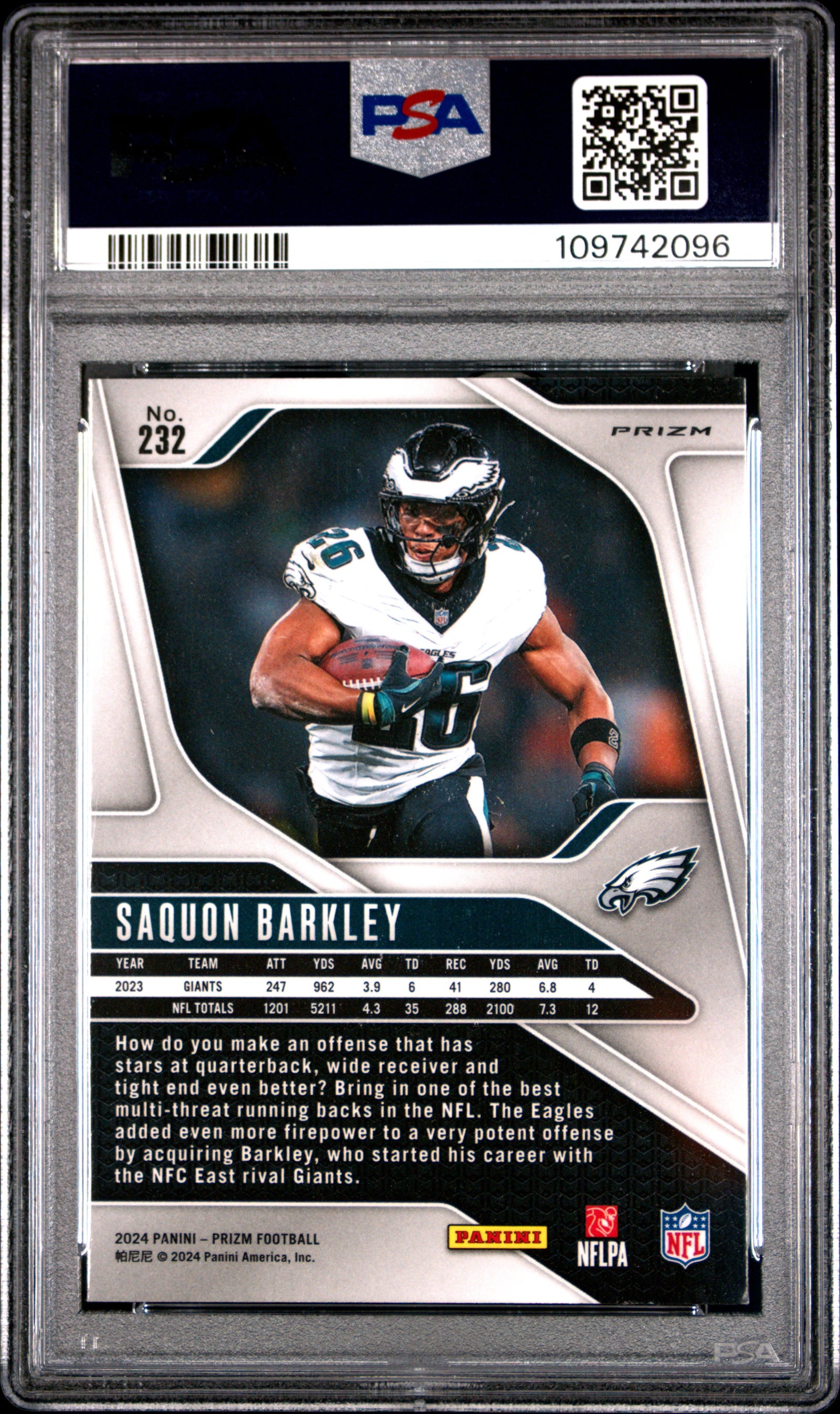 Saquon Barkley 2024 Panini Prizm Green Football Card #232 Graded PSA 10 Cert # 109742096-Powers Sports Memorabilia