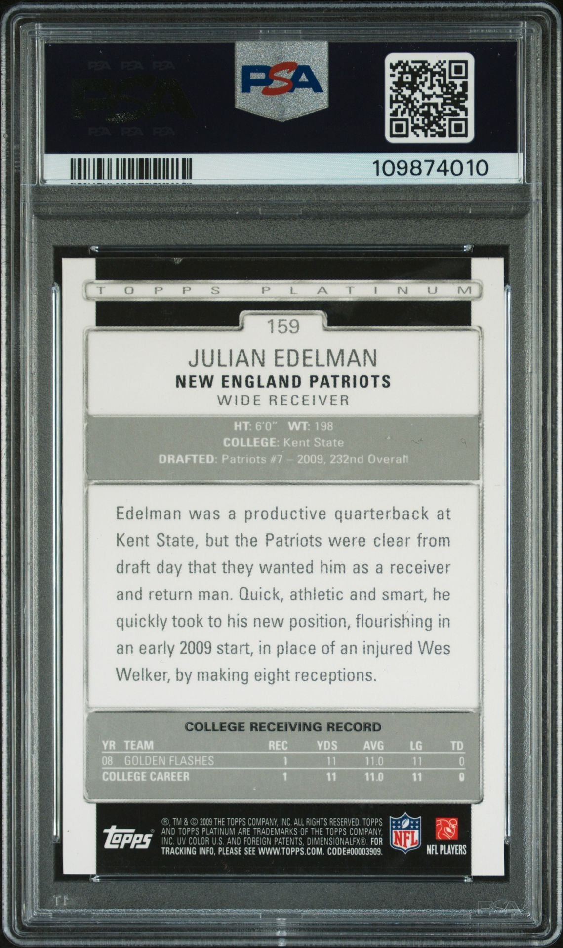 Julian Edelman 2009 Topps Platinum Rookie Card #159 Auto Graded PSA 9 109874010-Powers Sports Memorabilia
