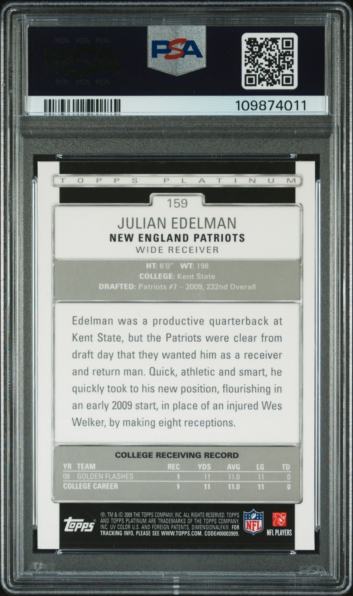 Julian Edleman 2009 Topps Platinum Rookie Card #159 Auto Graded PSA 8 109874011-Powers Sports Memorabilia