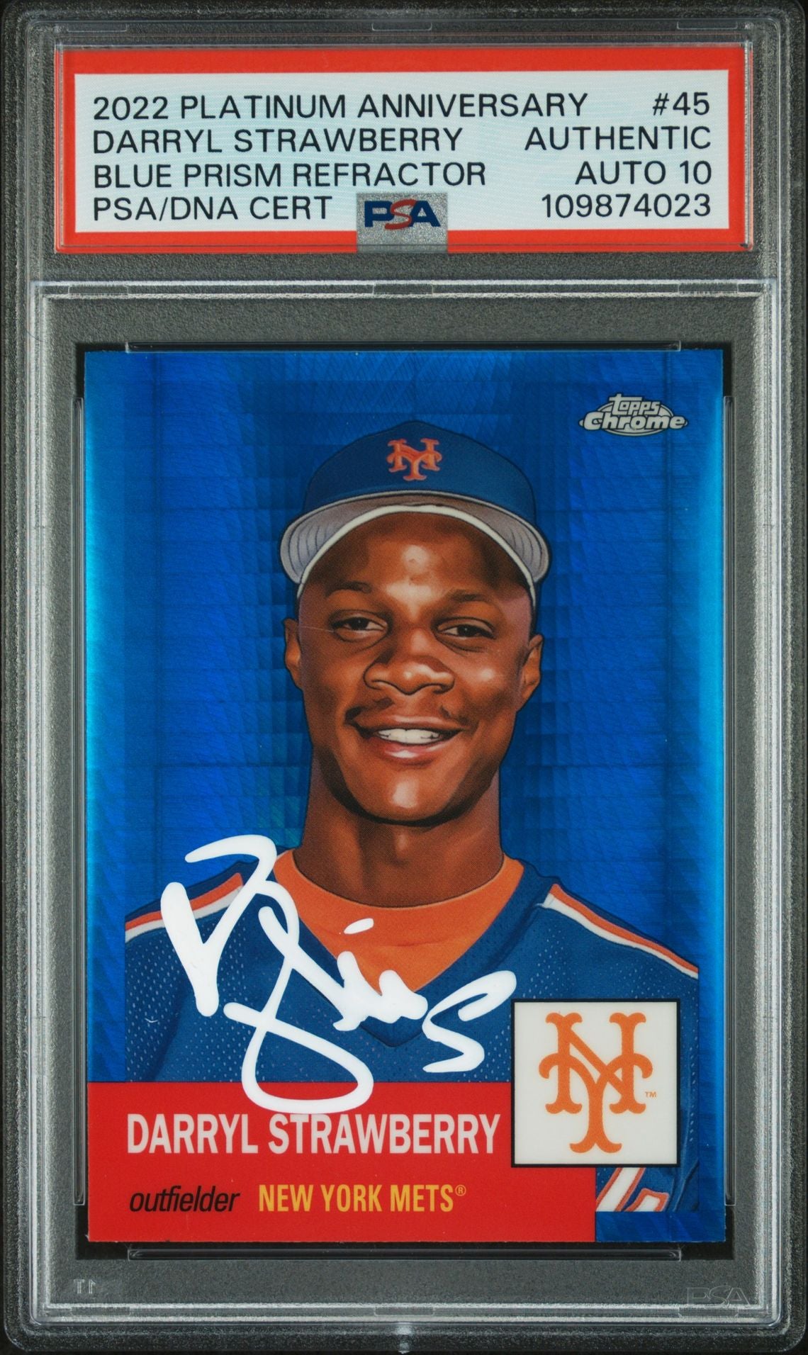 Darryl Strawberry 2022 Topps Chrome Blue Prism Refractor Card #45 Auto PSA 10 23-Powers Sports Memorabilia