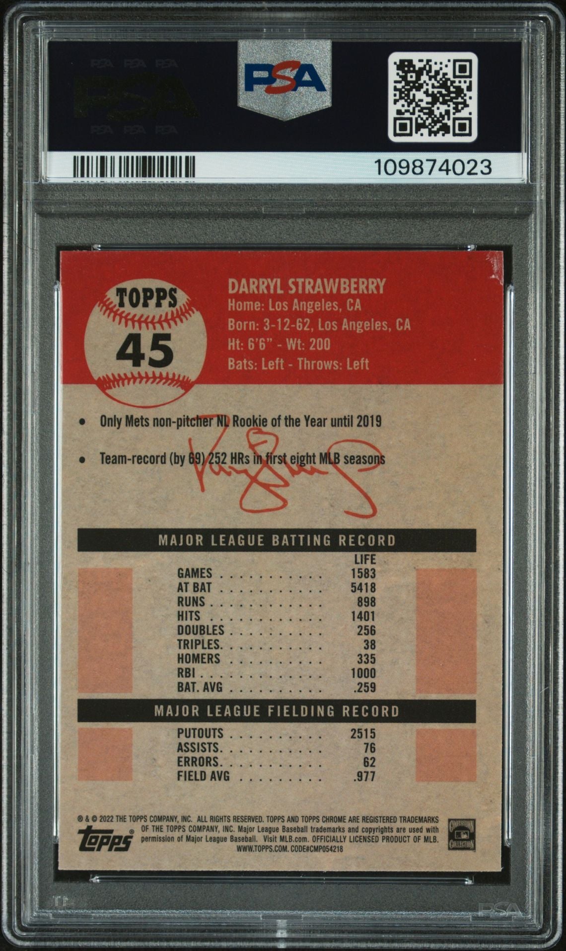 Darryl Strawberry 2022 Topps Chrome Blue Prism Refractor Card #45 Auto PSA 10 23-Powers Sports Memorabilia