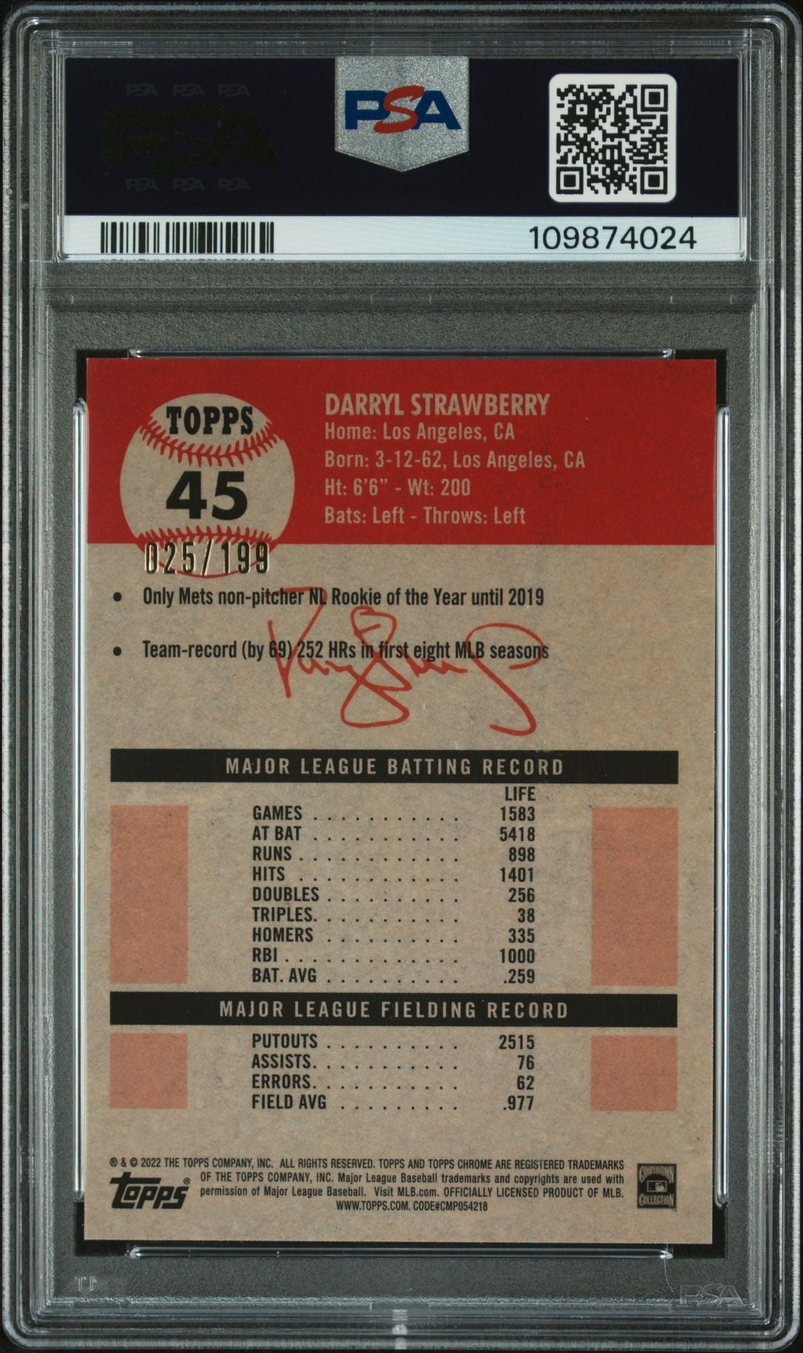 Darryl Strawberry 2022 Topps Chrome Blue Refractor Card #45 Auto PSA 10 25/199-Powers Sports Memorabilia