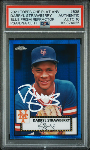 Darryl Strawberry 2021 Topps Chrome Blue Prism Refractor Card #538 Auto PSA 10-Powers Sports Memorabilia