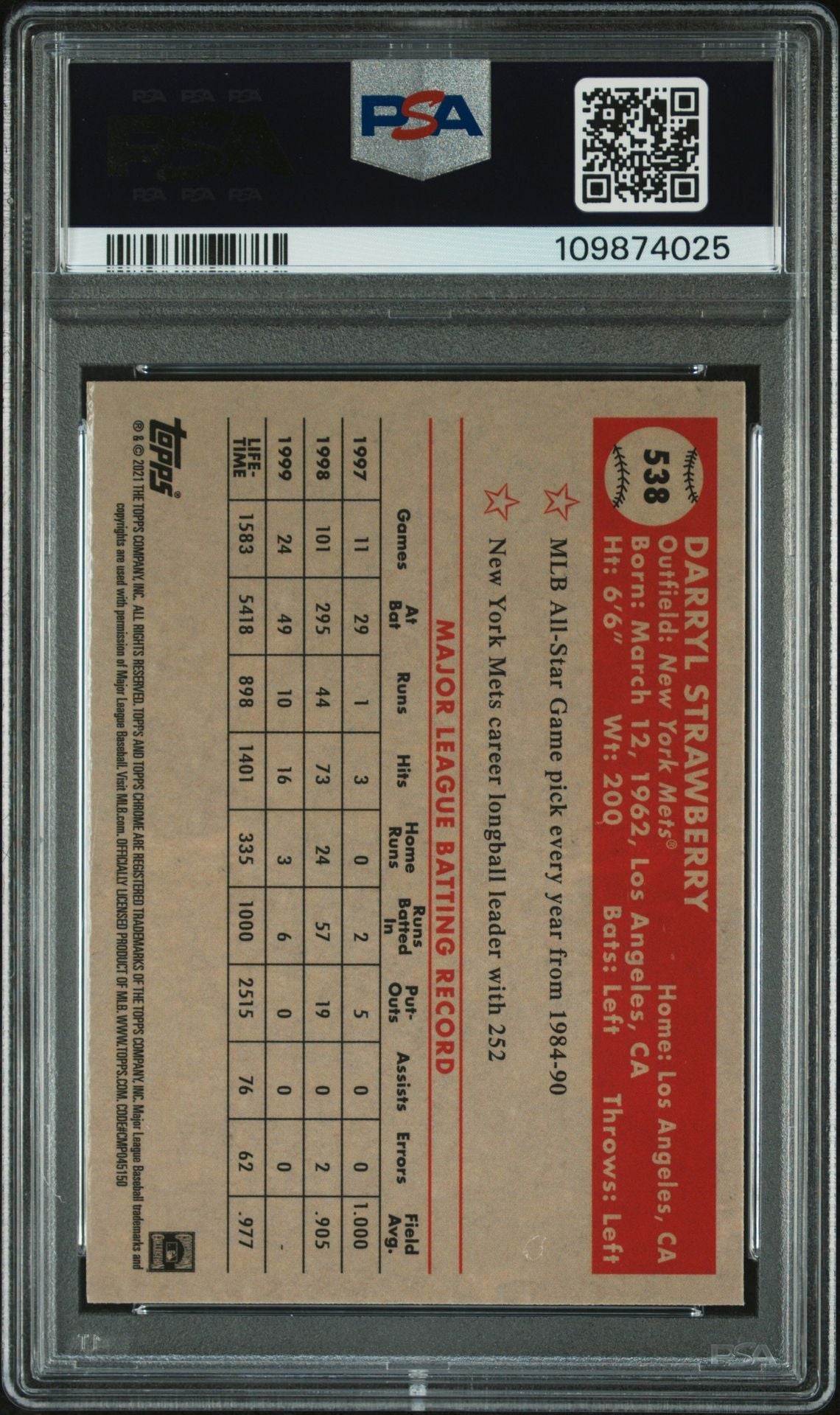 Darryl Strawberry 2021 Topps Chrome Blue Prism Refractor Card #538 Auto PSA 10-Powers Sports Memorabilia