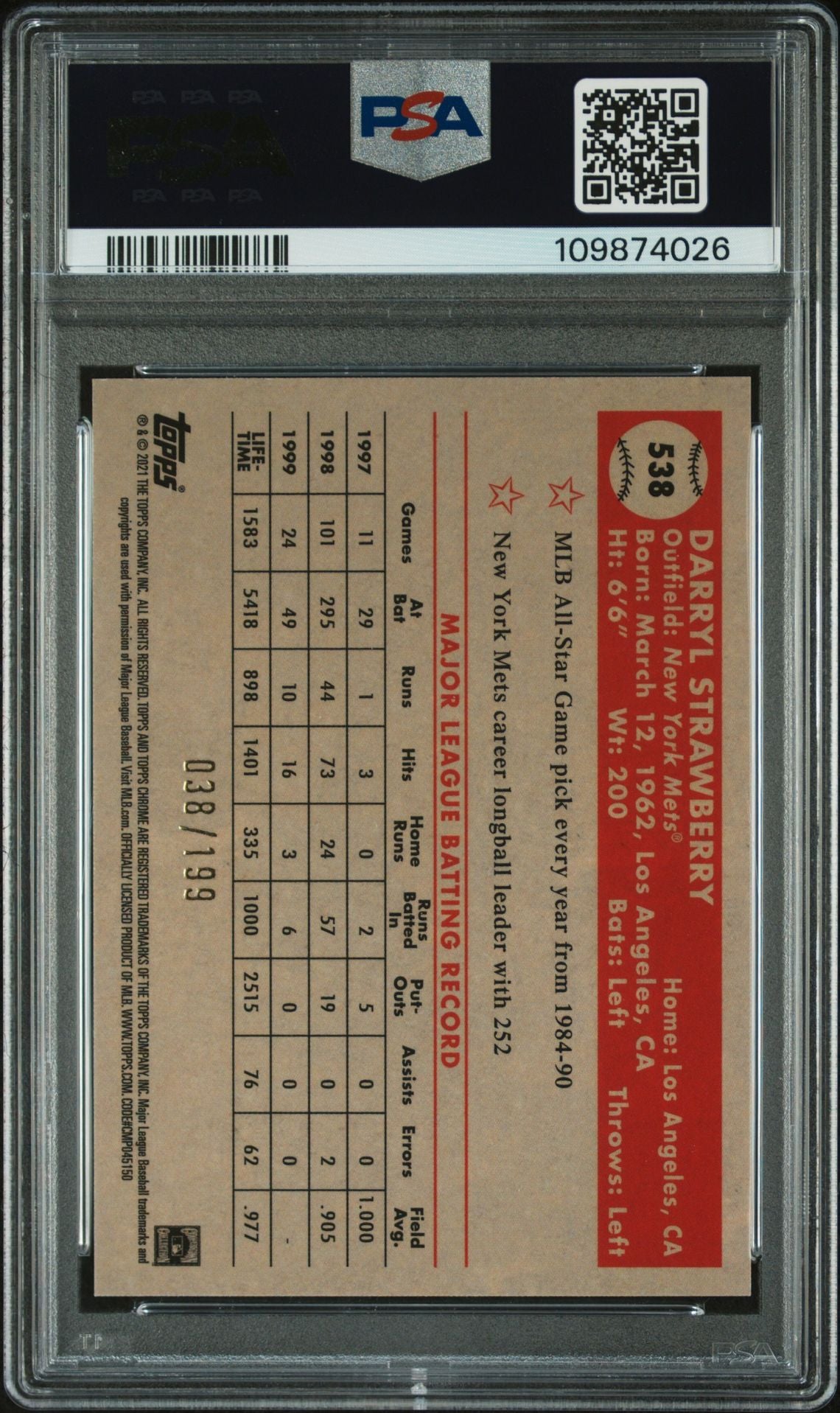 Darryl Strawberry 2021 Topps Chrome Blue Refractor Card #538 Auto PSA 10 38/199-Powers Sports Memorabilia