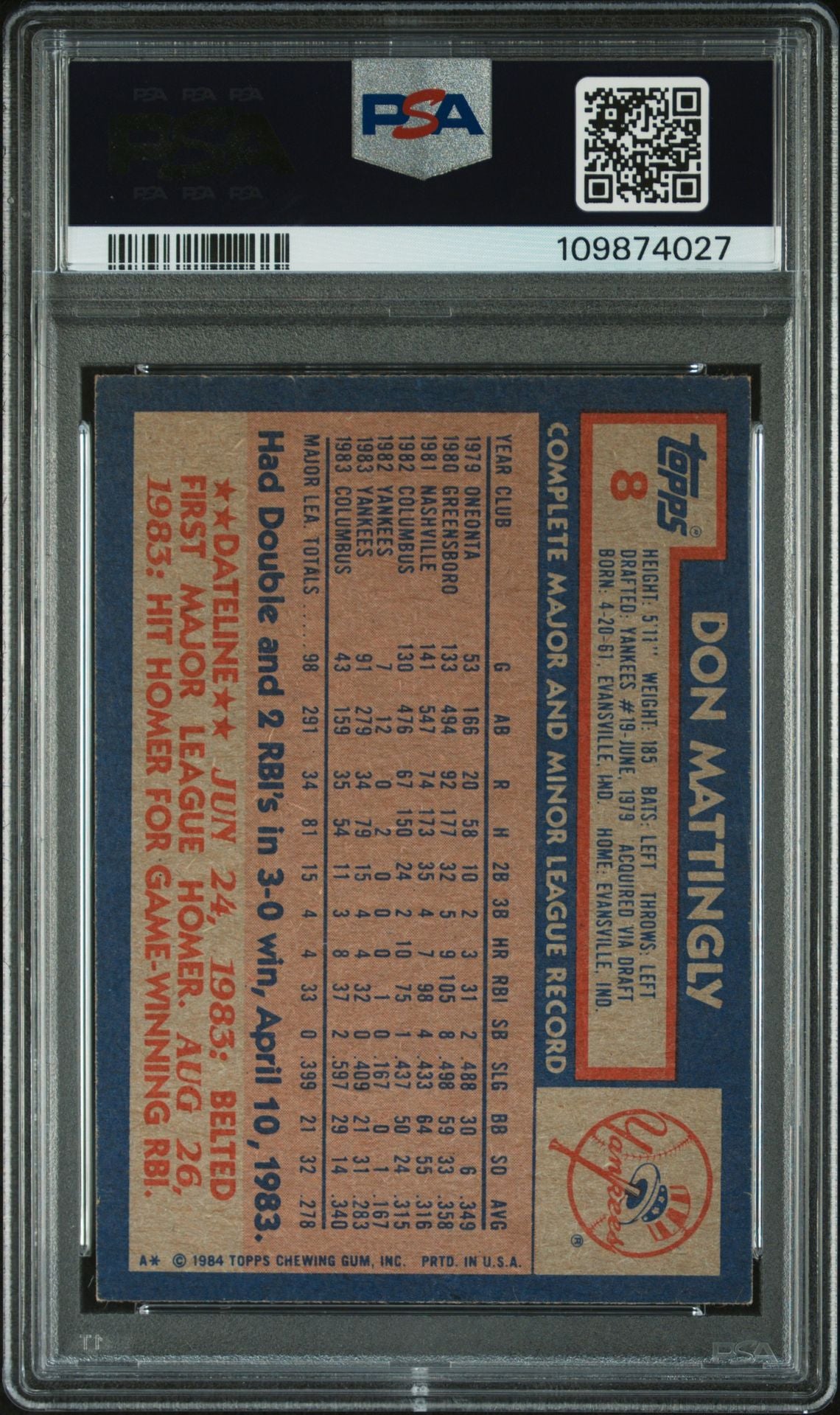 Don Mattingly 1984 Topps Signed Baseball Rookie Card #8 Auto Graded PSA 10 74027-Powers Sports Memorabilia