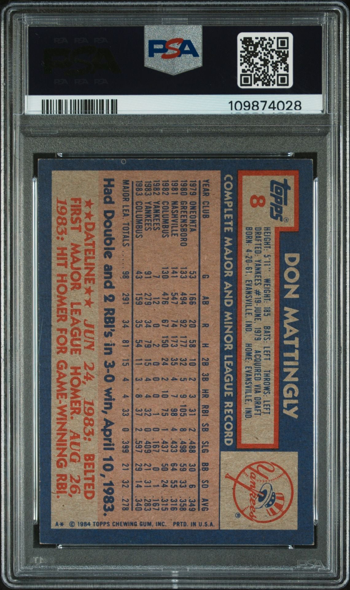 Don Mattingly 1984 Topps Signed Baseball Rookie Card #8 Auto Graded PSA 10 74028-Powers Sports Memorabilia