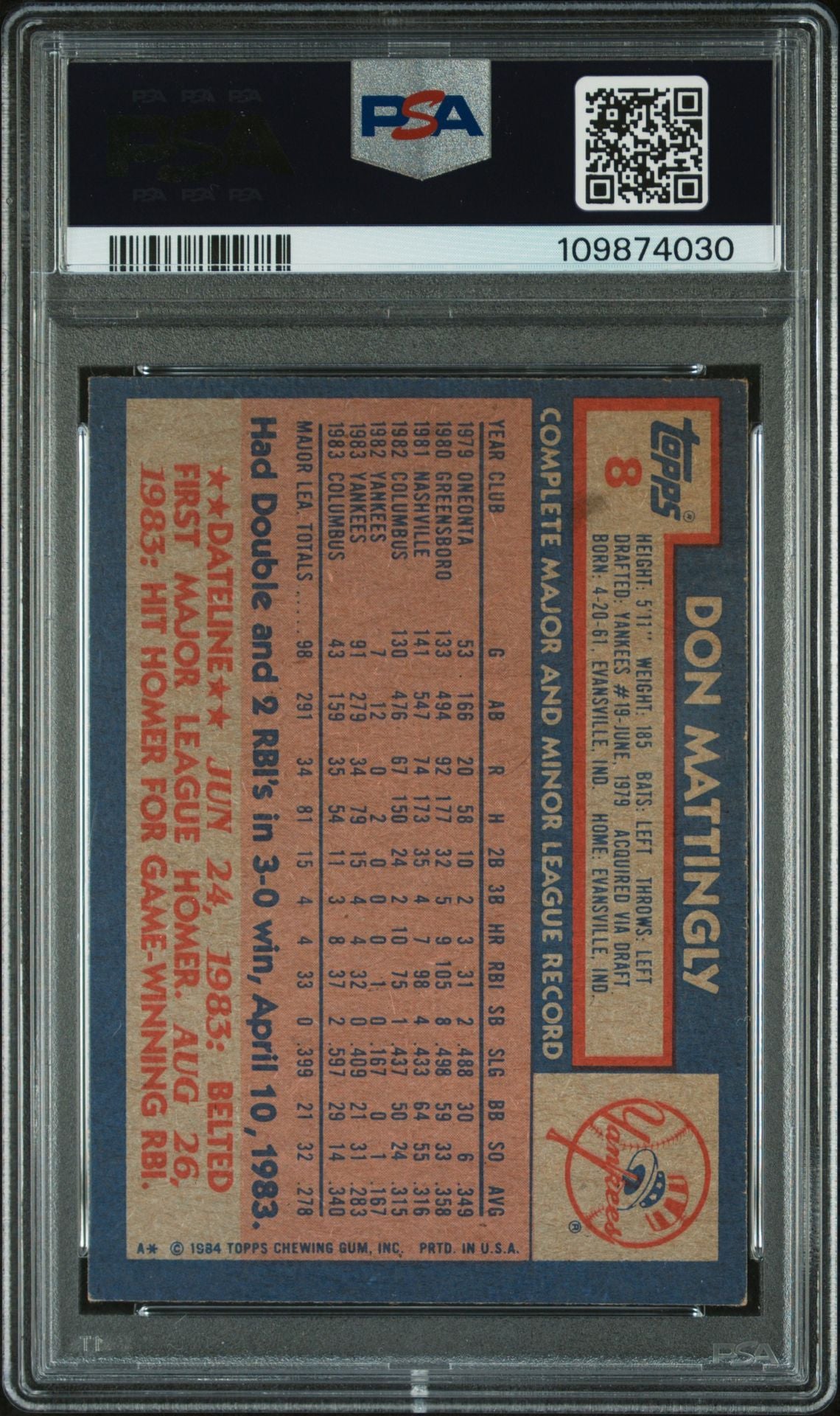 Don Mattingly 1984 Topps Signed Baseball Rookie Card #8 Auto Graded PSA 10 74030-Powers Sports Memorabilia