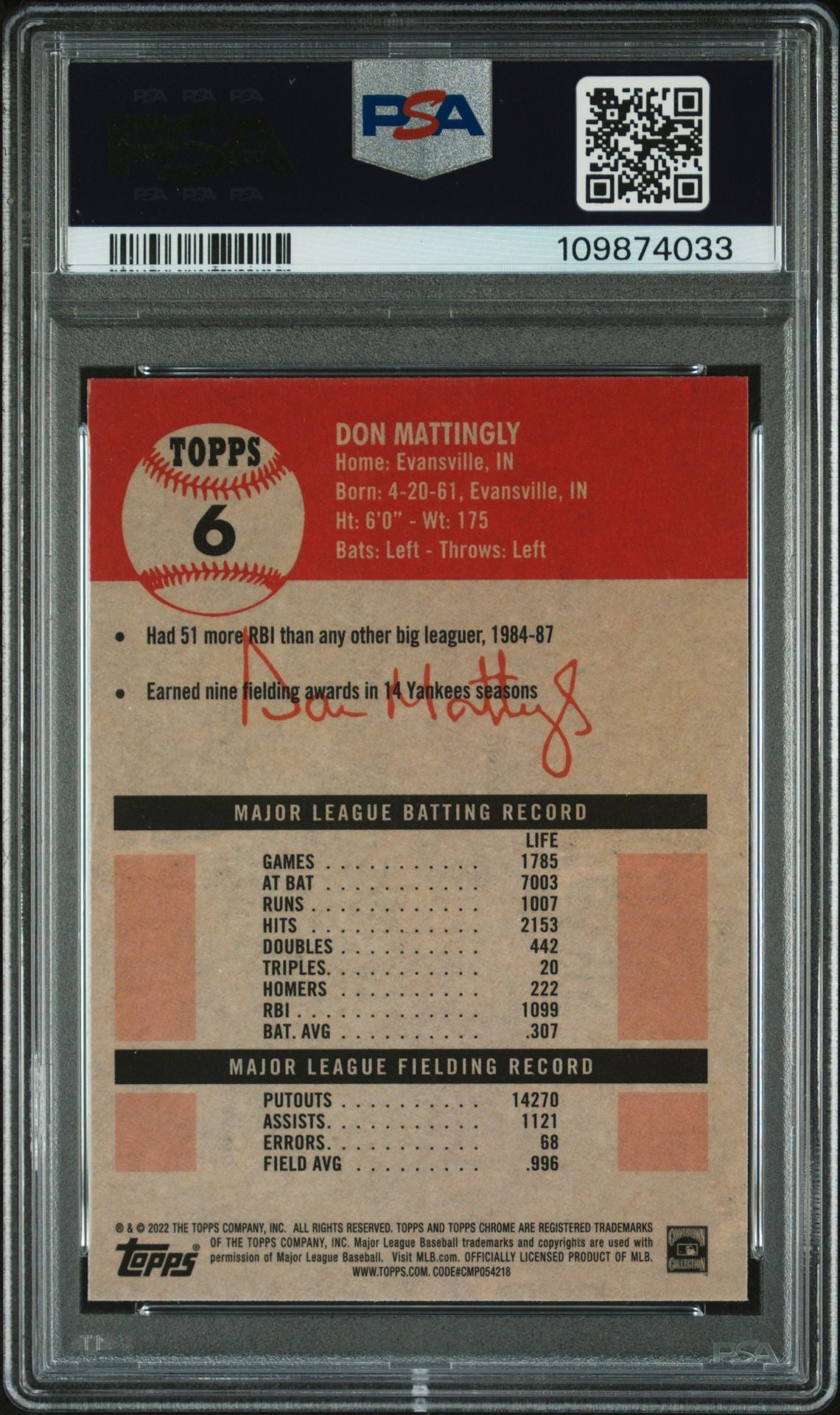 Don Mattingly 2022 Topps Chrome Blue Prism Refractor Card #6 Auto Graded PSA 10-Powers Sports Memorabilia