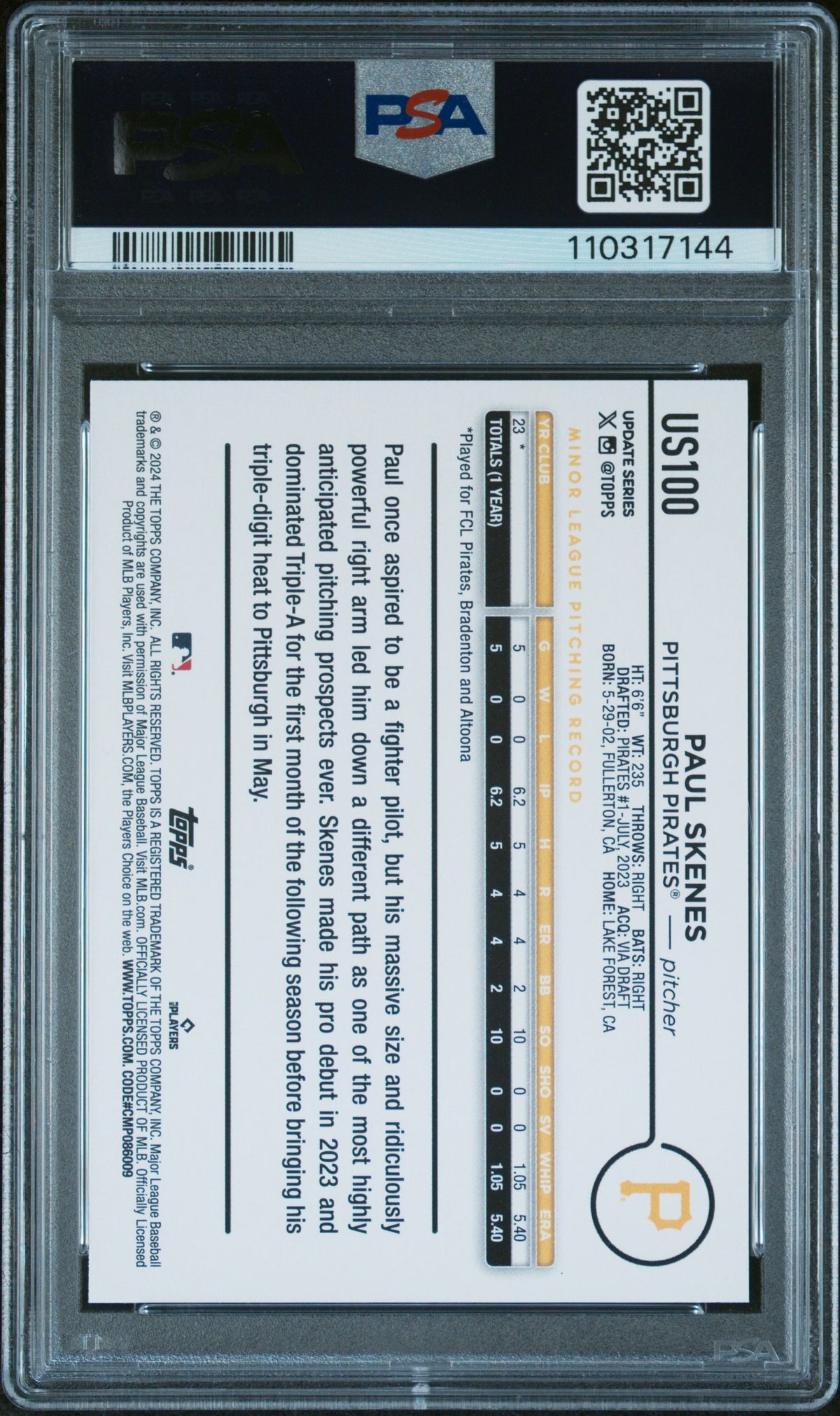Paul Skenes 2024 Topps Update Baseball Rookie Card #US100 Graded PSA 10-Powers Sports Memorabilia