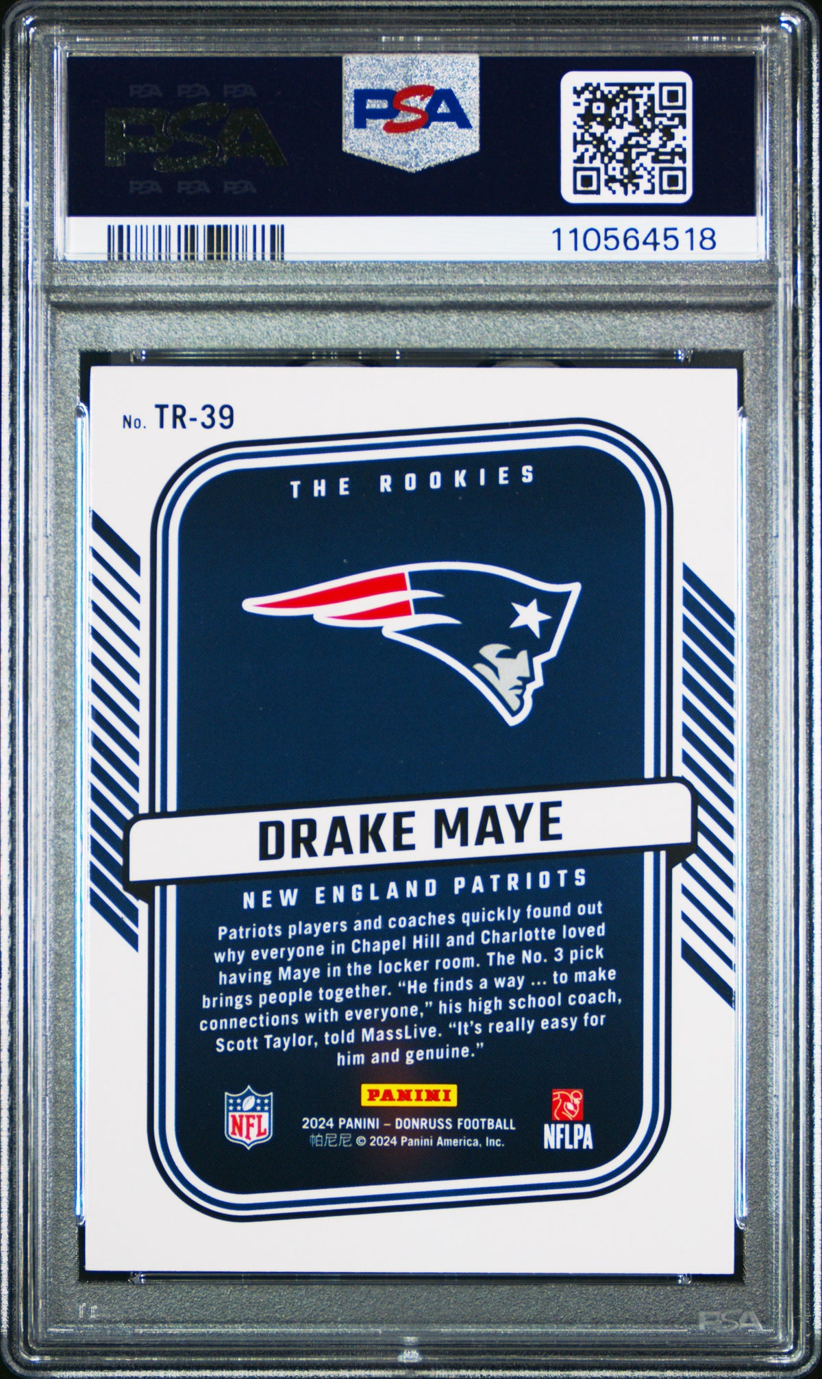 Drake Maye 2024 Donruss The Rookies Rookie Football Card #TR39 Graded PSA 10 Cert #110564518-Powers Sports Memorabilia