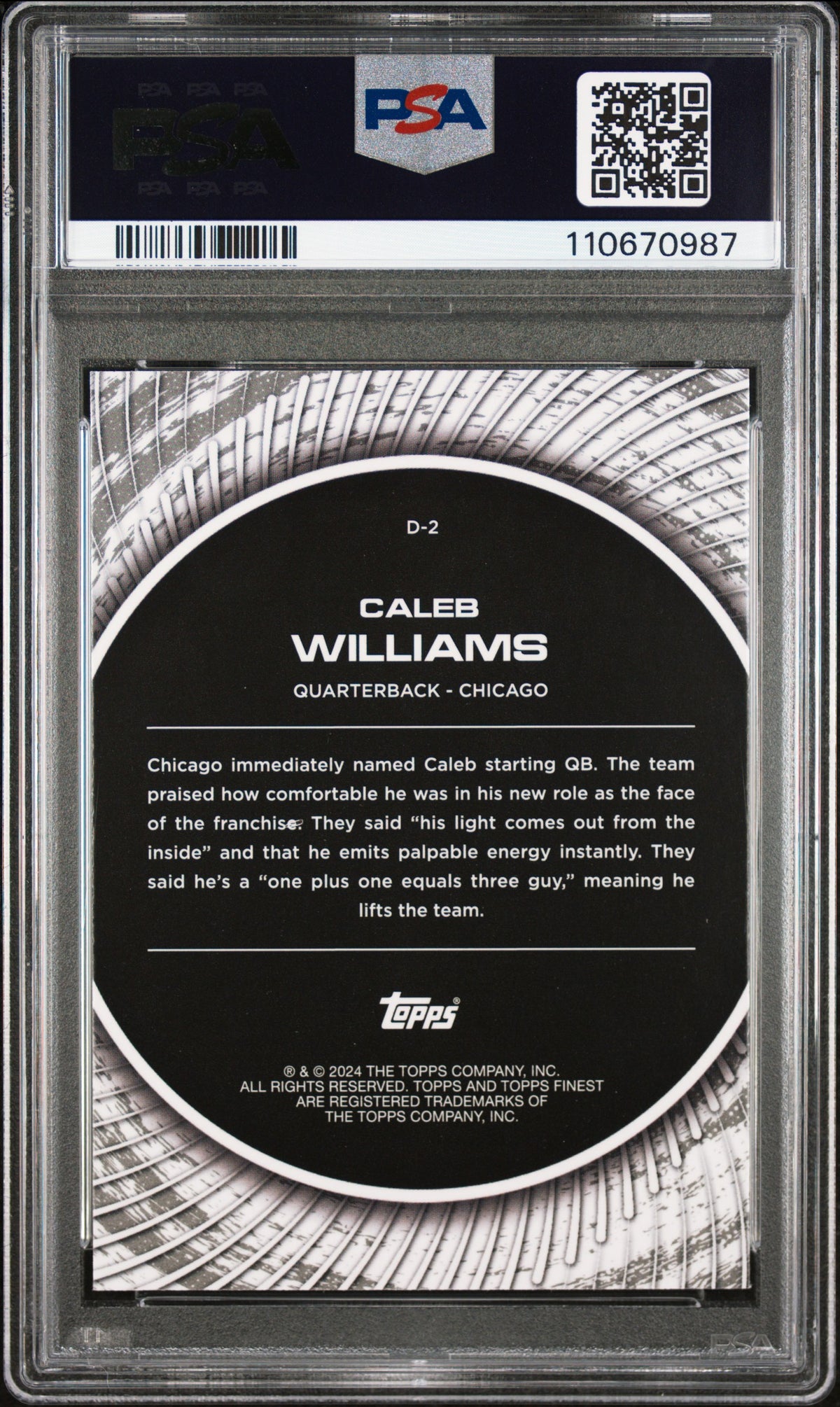 Caleb Williams 2024 Topps Finest Football Rookie Debut Checkerboard Card #D2 Graded PSA 10 Cert #110670987-Powers Sports Memorabilia