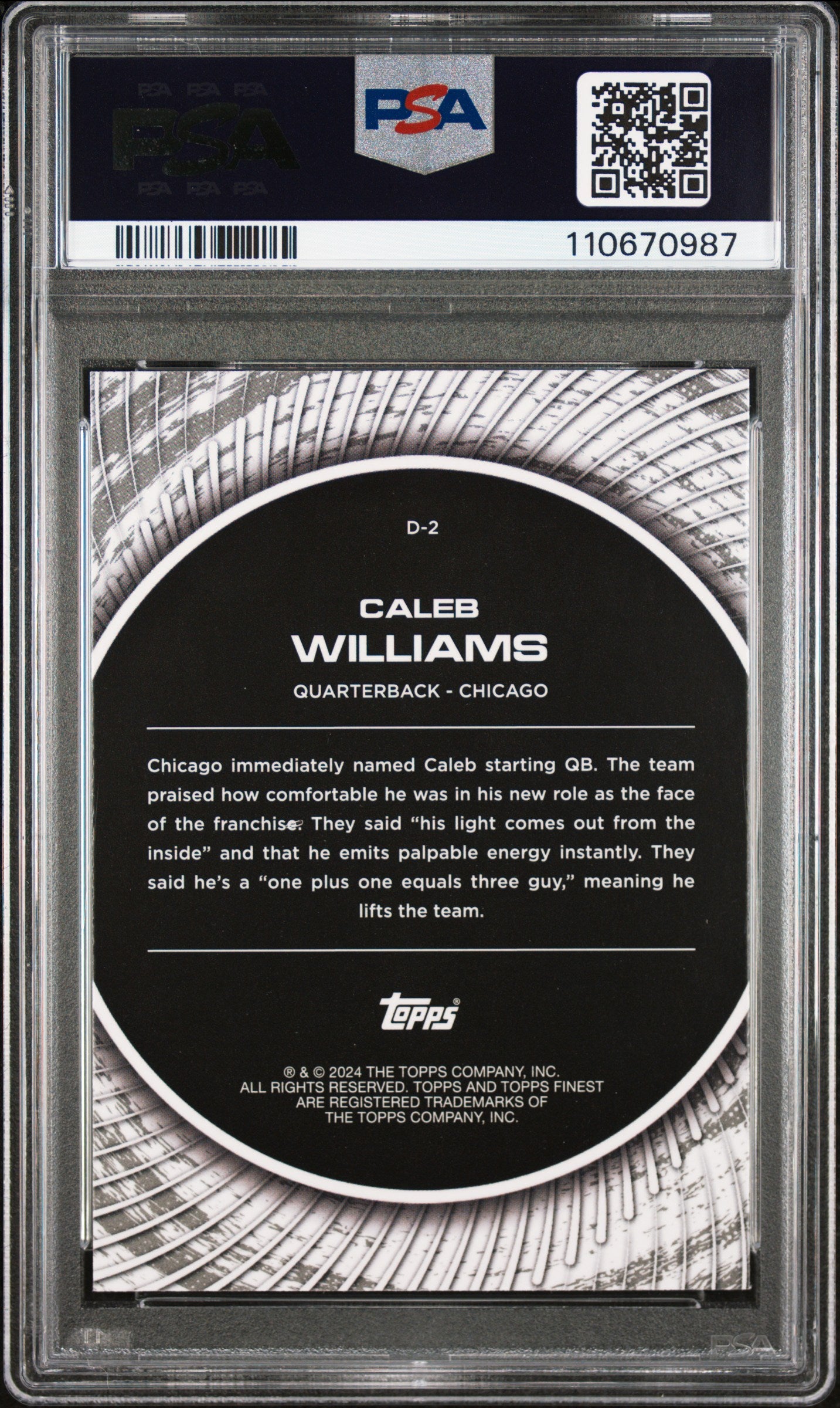 Caleb Williams 2024 Topps Finest Football Rookie Debut Checkerboard Card #D2 Graded PSA 10 Cert #110670987-Powers Sports Memorabilia