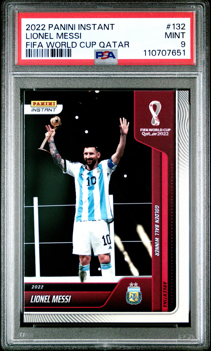 Lionel Messi 2022 Panini Instant FIFA World Cup Qatar Golden Ball Winner Argentina Soccer Card #132 Graded PSA 9 Cert #110707651-Powers Sports Memorabilia