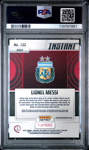 Lionel Messi 2022 Panini Instant FIFA World Cup Qatar Golden Ball Winner Argentina Soccer Card #132 Graded PSA 9 Cert #110707651-Powers Sports Memorabilia