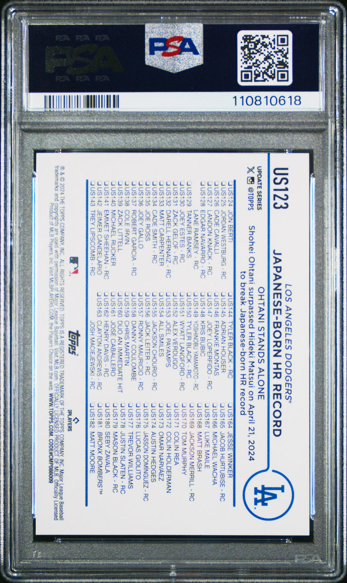Shohei Ohtani 2024 Topps Update Royal Blue Los Angeles Dodgers Baseball Card #US123 Graded PSA 9 Cert #110810618-Powers Sports Memorabilia