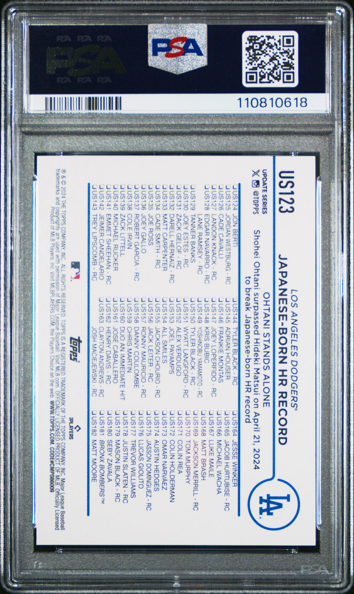 Shohei Ohtani 2024 Topps Update Royal Blue Los Angeles Dodgers Baseball Card #US123 Graded PSA 9 Cert #110810618