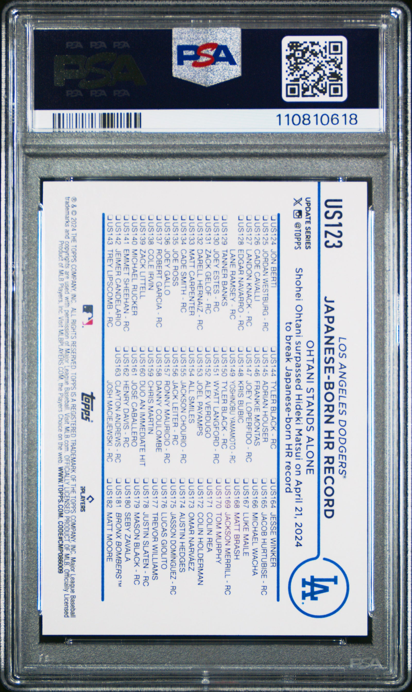 Shohei Ohtani 2024 Topps Update Royal Blue Los Angeles Dodgers Baseball Card #US123 Graded PSA 9 Cert #110810618