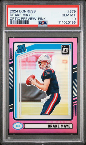 Drake Maye 2024 Donruss Optic Preview Pink Football Rookie Card #379 Graded PSA 10 Cert #111020196-Powers Sports Memorabilia