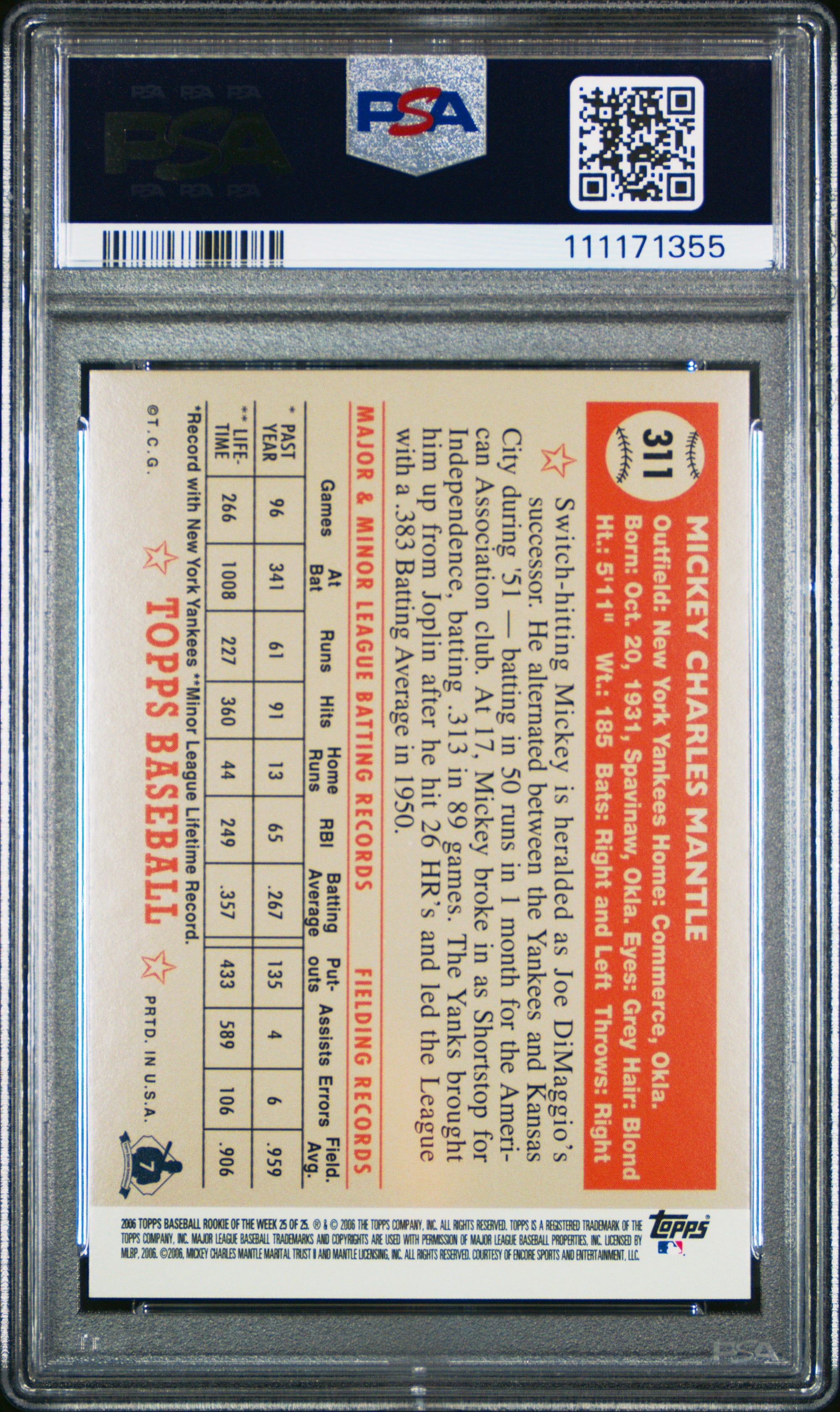 Mickey Mantle 2006 Topps All Time Rookie of the Week Baseball Card #25 Graded PSA 10 GEM MINT-Powers Sports Memorabilia