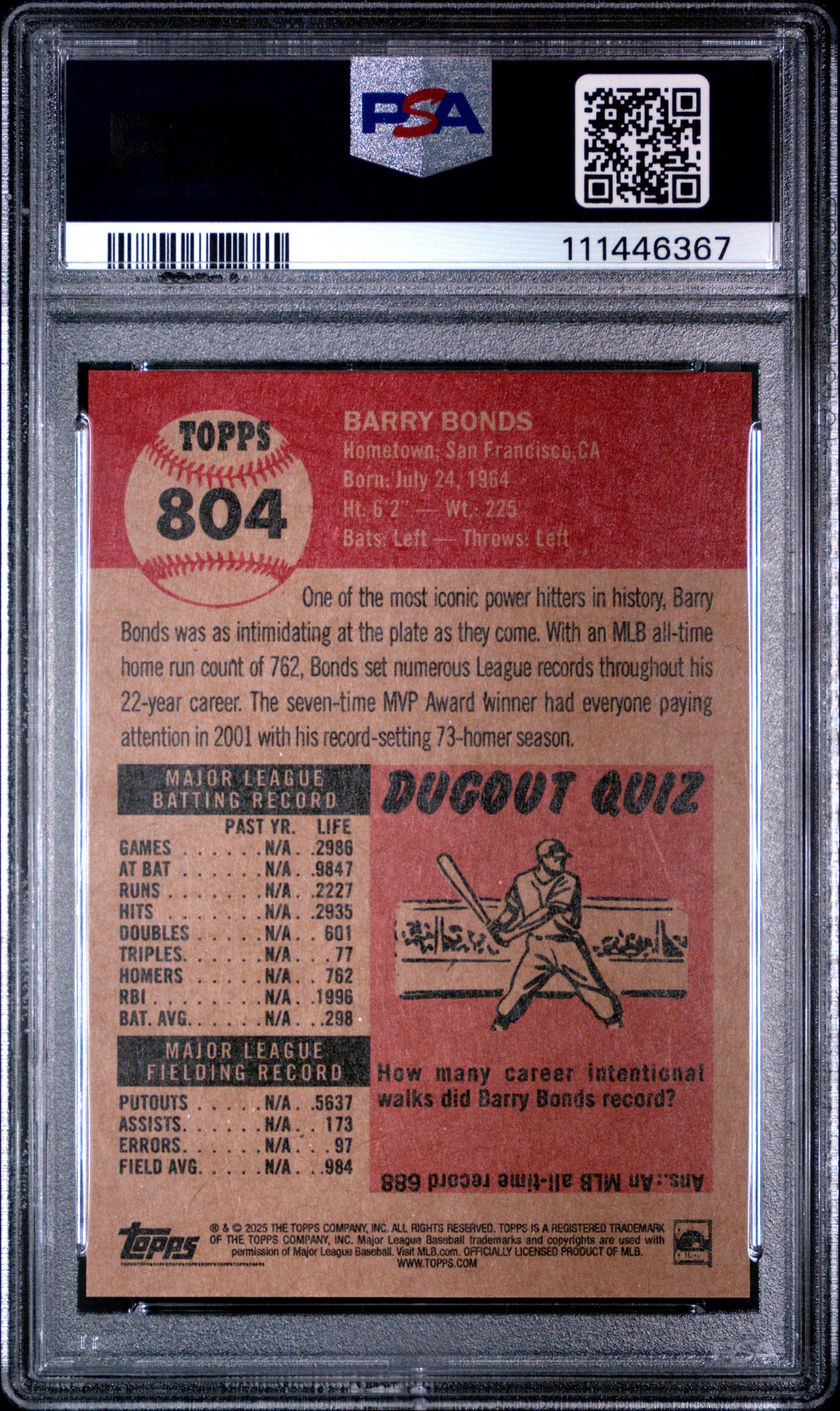 Barry Bonds 2025 Topps Living San Francisco Giants Baseball Card #804 Graded PSA 10 Cert #111446367-Powers Sports Memorabilia