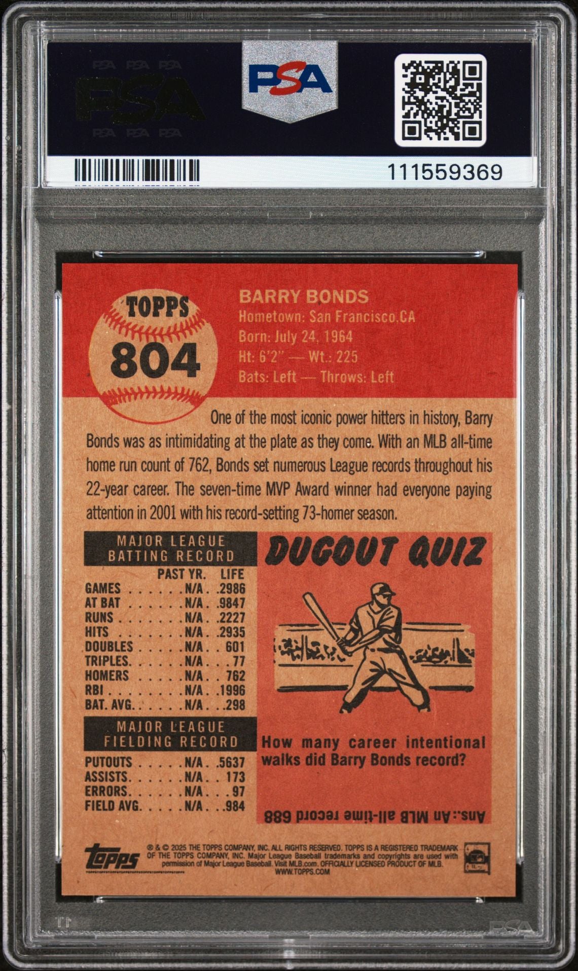 Barry Bonds 2025 Topps Living Baseball Card #804 Graded PSA 9-Powers Sports Memorabilia