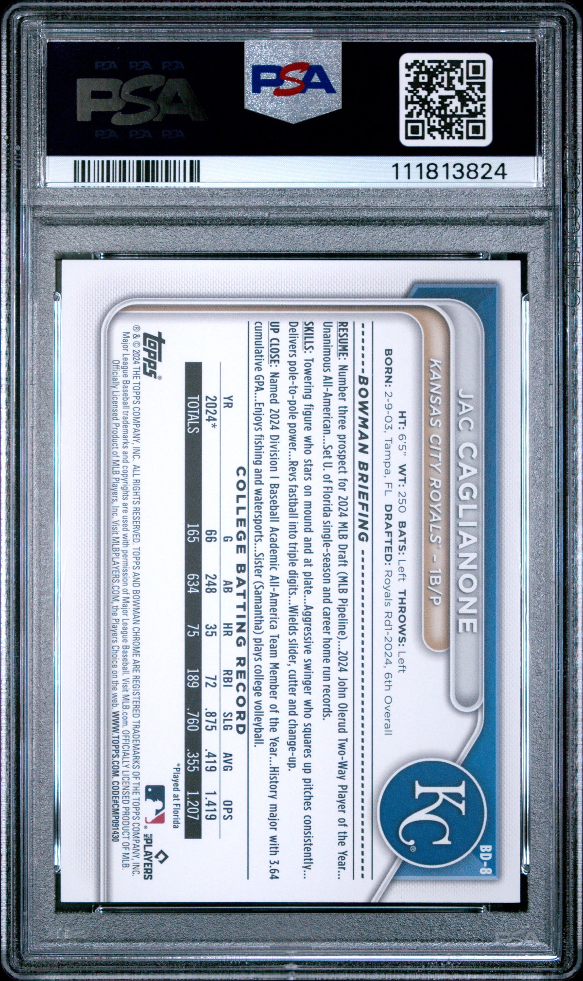 Jac Caglianone 2024 Bowman Draft Baseball Rookie Card #BD8 Graded PSA 10-Powers Sports Memorabilia