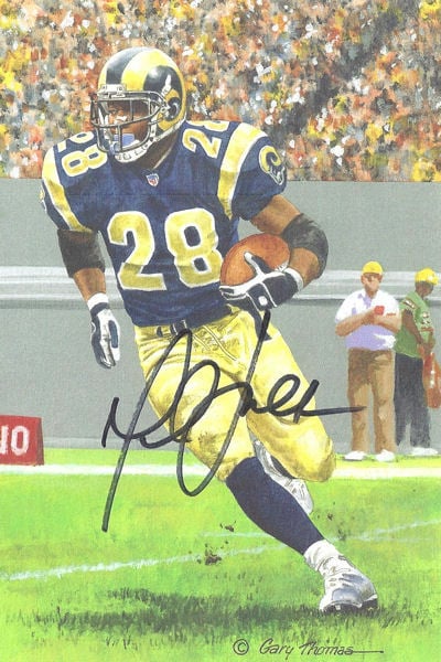 Marshall Faulk Signed St Louis Rams Goal Line Art Black-Powers Sports Memorabilia