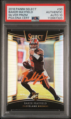 Baker Mayfield 2018 Panini Select Silver Prizm Rookie Card #30 Auto PSA 10-Powers Sports Memorabilia