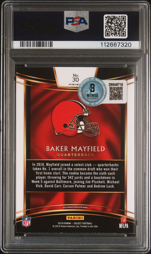 Baker Mayfield 2018 Panini Select Silver Prizm Rookie Card #30 Auto PSA 10-Powers Sports Memorabilia