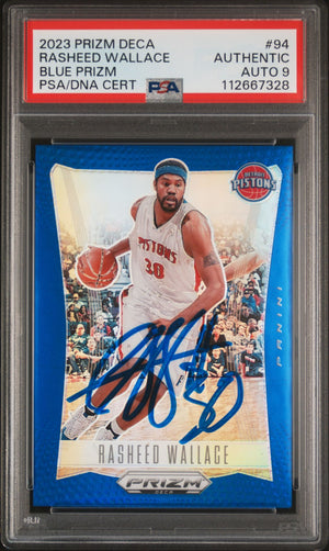Rasheed Wallace 2023 Panini Prizm Deca Blue Signed Card #94 Auto Graded PSA 9-Powers Sports Memorabilia