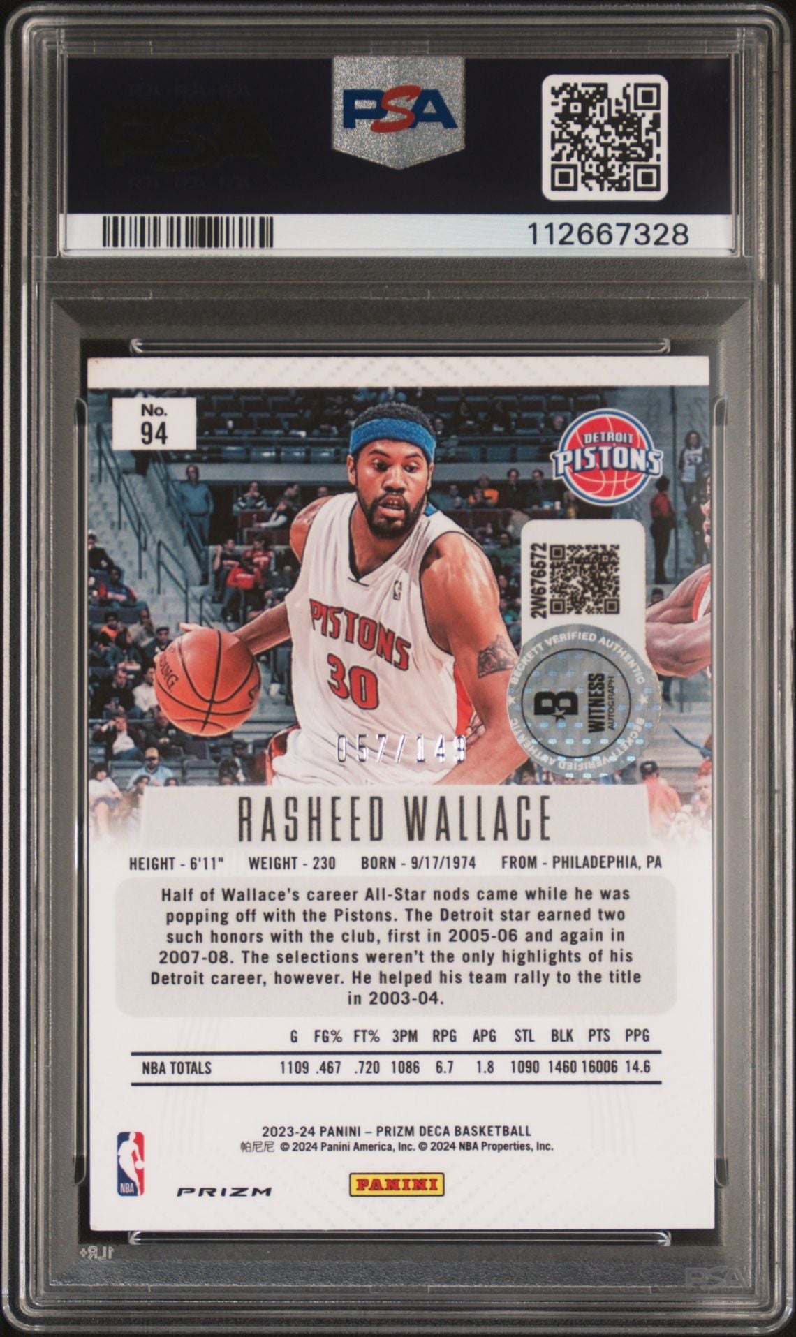 Rasheed Wallace 2023 Panini Prizm Deca Blue Signed Card #94 Auto Graded PSA 9-Powers Sports Memorabilia