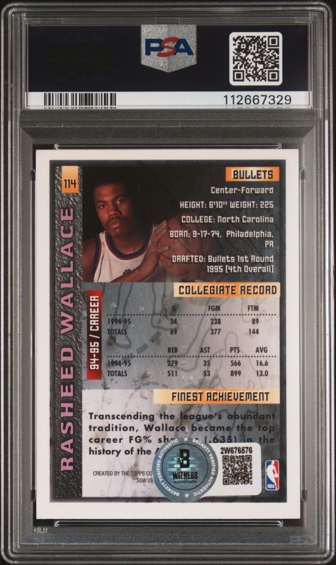 Rasheed Wallace 1995 Finest Signed Rookie Card #114 Auto Graded PSA 9-Powers Sports Memorabilia
