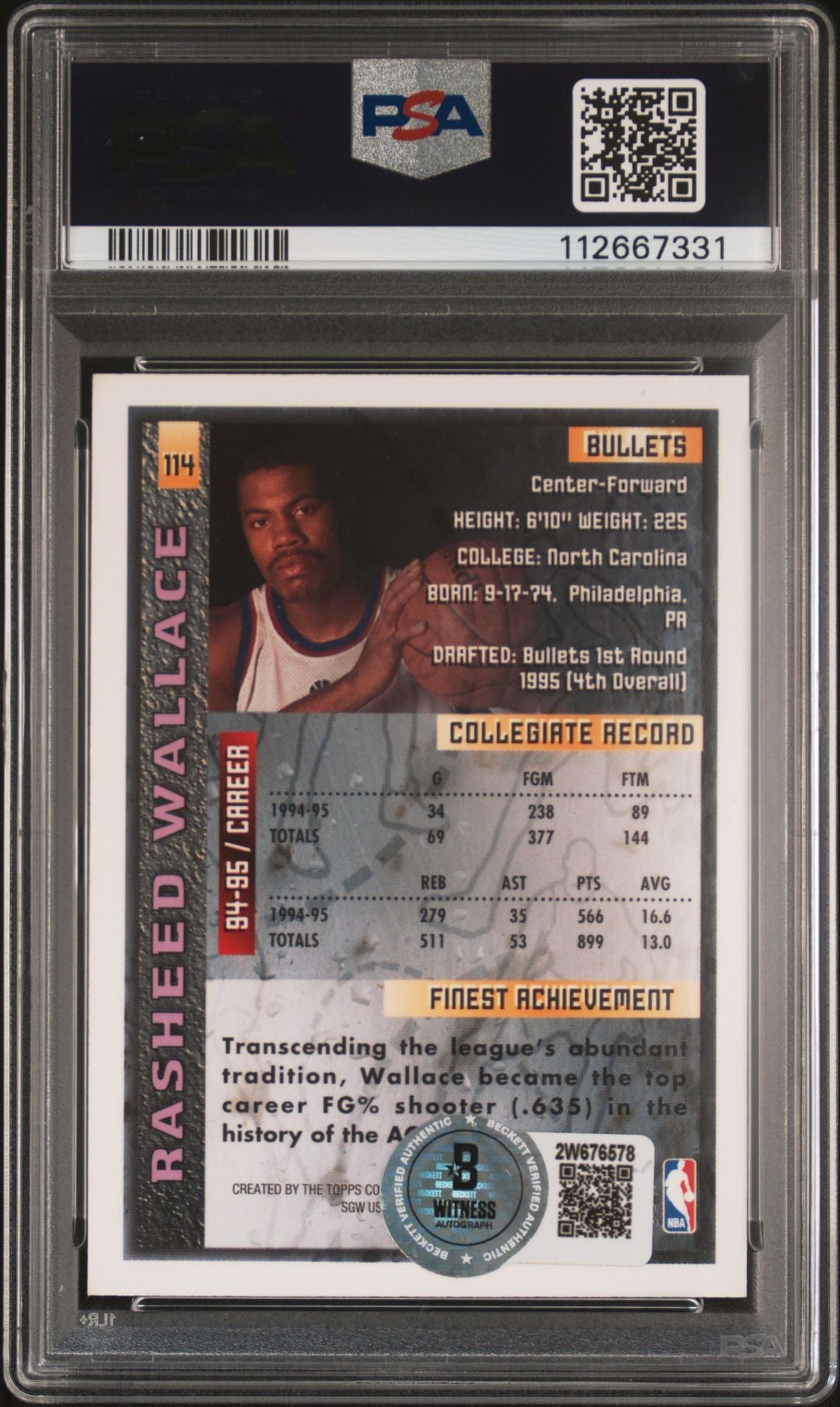 Rasheed Wallace 1995 Finest Signed Rookie Card #114 Auto Graded PSA 10 112667331-Powers Sports Memorabilia