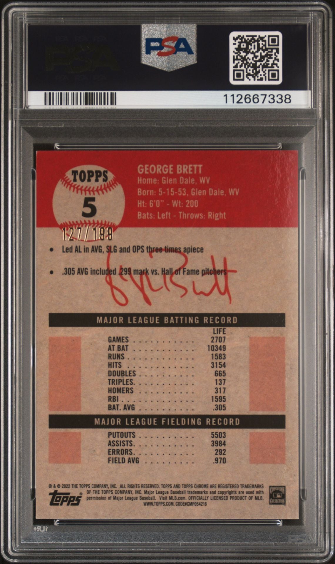 George Brett 2022 Topps Chrome White Blue Refractor Card #5 Auto PSA 10 127/199-Powers Sports Memorabilia