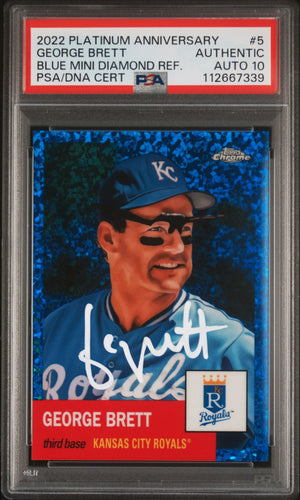 George Brett 2022 Topps Chrome Diamond Blue Refractor Card #5 Auto PSA 10 13/199-Powers Sports Memorabilia